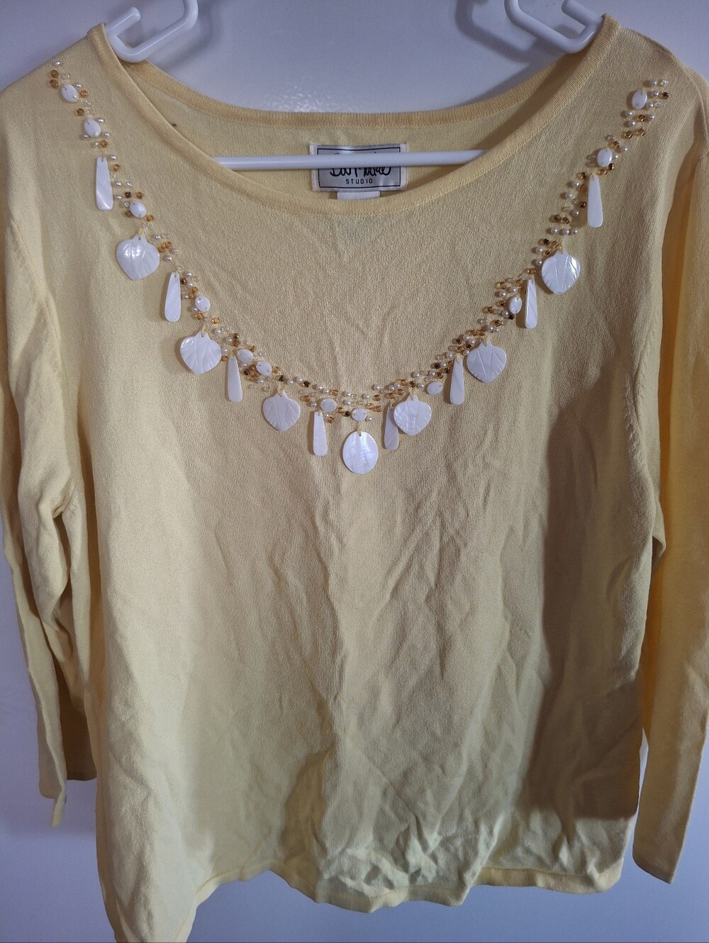 Bob Mackie Pale Yellow Long Sleeve Scoop Neck Top with White Shell Accents